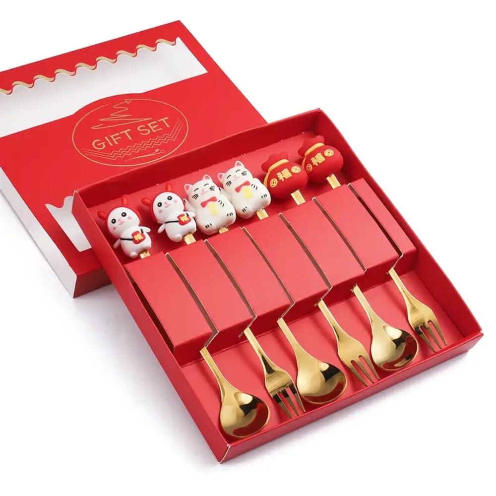 6 pc Spoons Forks Flatware Set Goldtone distressed box